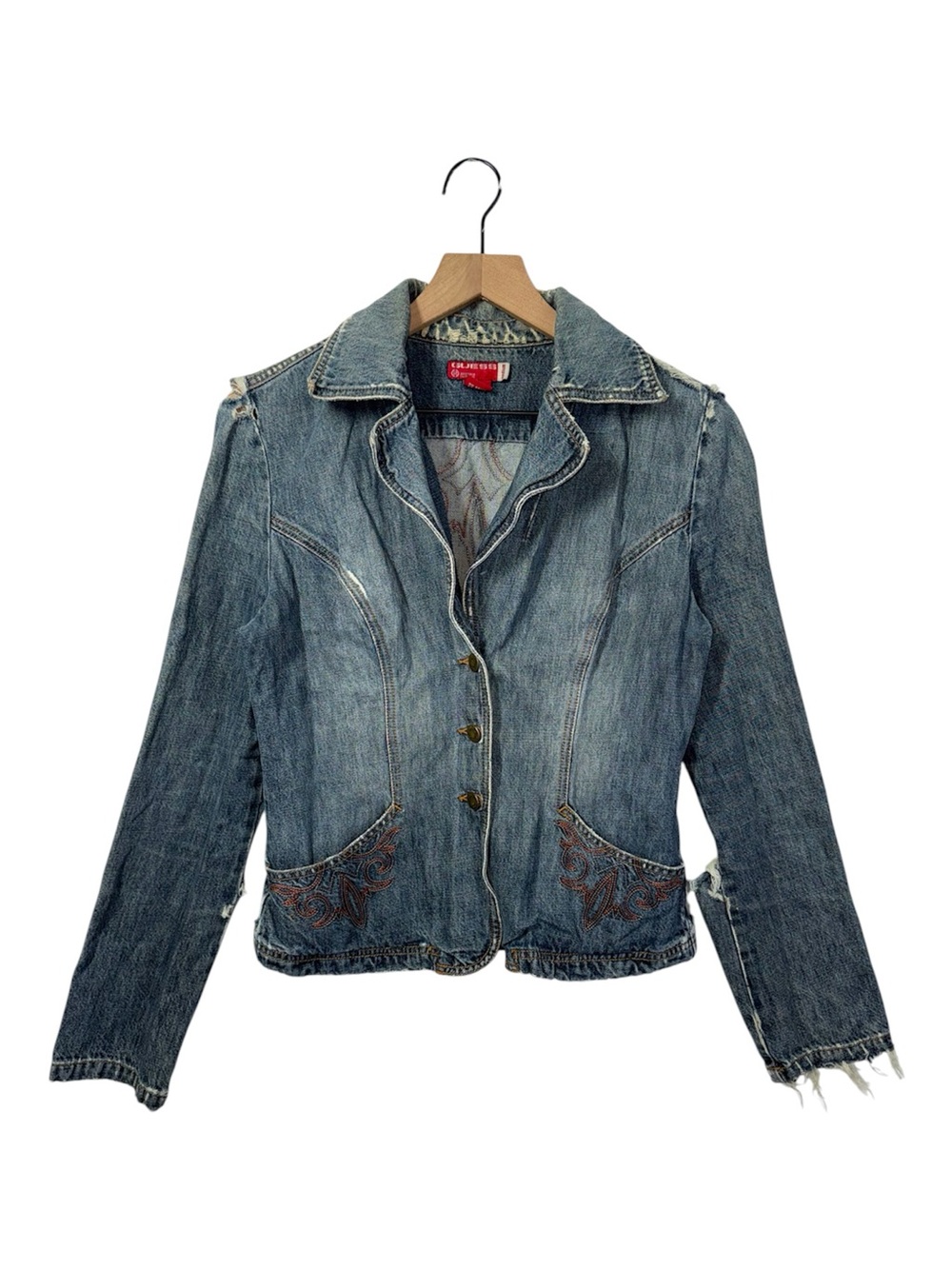 Vtg 90s Y2K Guess Embroidered Denim Jacket Button Front Collared Jean Western